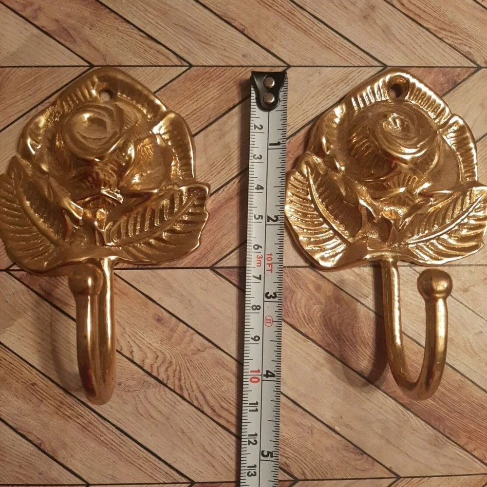 2 Vintage Lacquered Brass Rose Floral Wall Hook Coat Hanger Shiny Bright